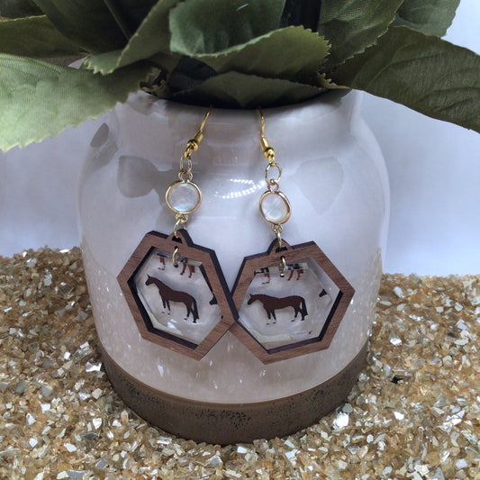 Horse Acrylic Earrings with 10mm Mother of Pear Stones