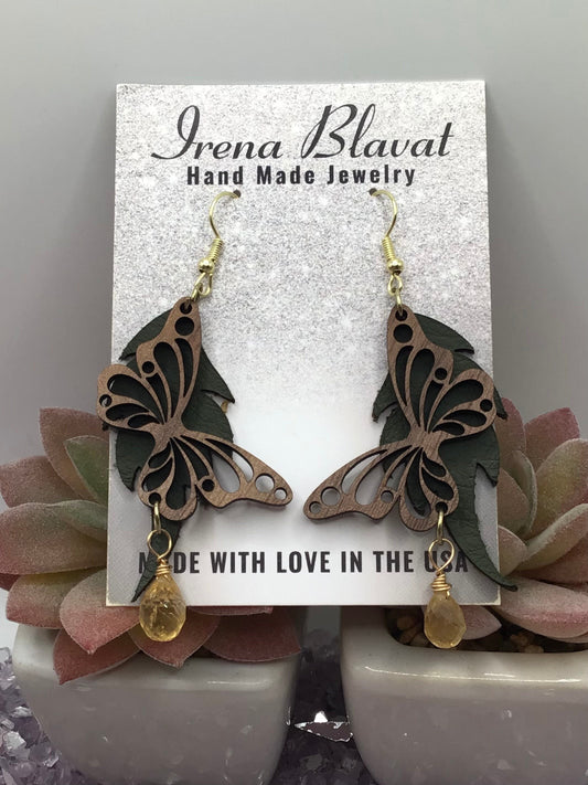 Wooden Butterfly, Hunter Green Leather & Natural Smokey Quarts Briolette Dangly Earrings