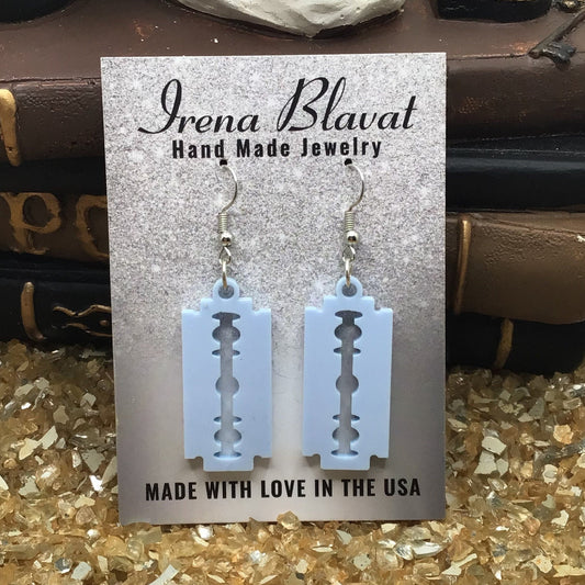 Razor Blade Earrings, Baby Blue Acrylic