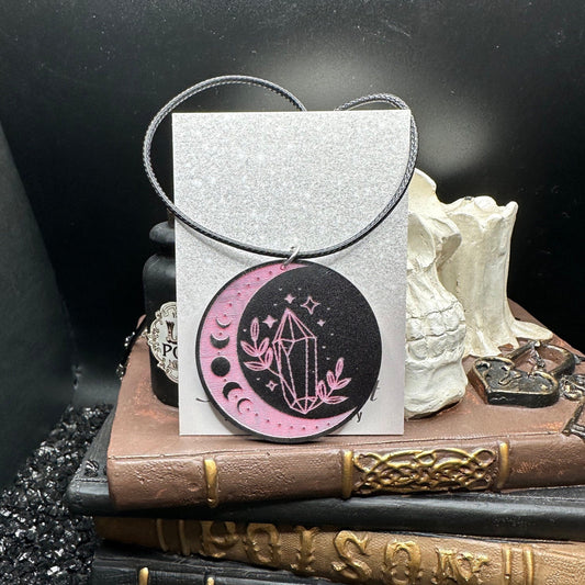 Witchy Moon & Crystal Acrylic Pendant on 18" Silk Wax Cord