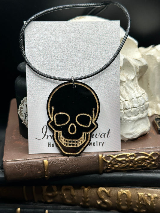 Gothic Metallic Gold & Black Skull Acrylic Pendant on 18" Silk Cord