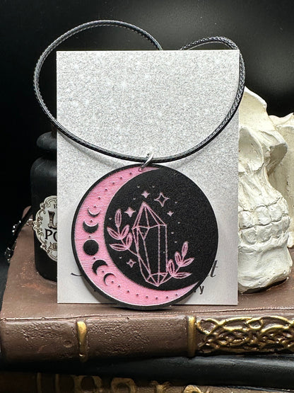 Witchy Moon & Crystal Acrylic Pendant on 18" Silk Wax Cord