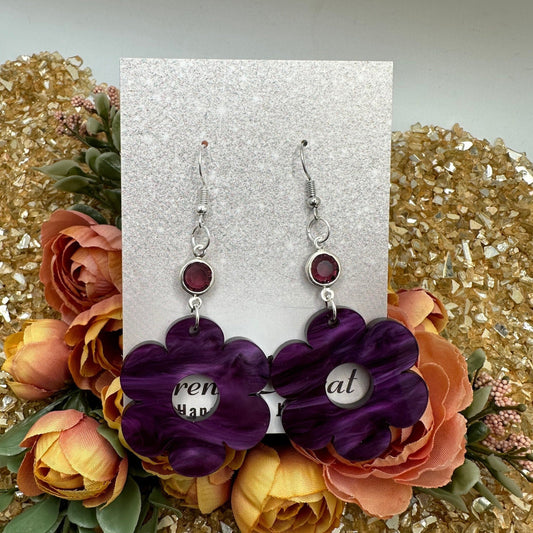 Flower Power Purple Pearl Acrylic Dangle Earrings & Purple Gem 8mm