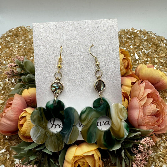 Flower Power Green Swirl Acrylic Dangle Earrings with Iridescent Gem 9.5-10.5mm
