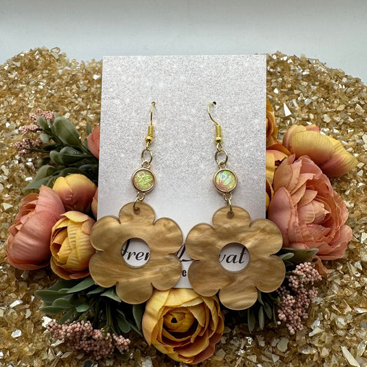 Flower Power Desert Pearl Acrylic Dangle Earrings with Iridescent Gem 9.5-10.5mm
